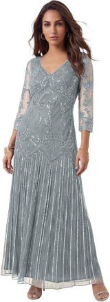 Roaman's Plus Size Beaded V Neck 3/4 Sleeve Sleeve Maxi Gown in Gunmetal at Nordstrom, Size 26