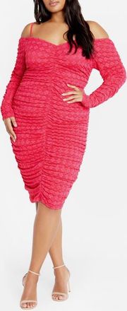 City Chic Esmerelda Ruched Cold Shoulder Long Sleeve Cocktail Minidress in Pop Pink at Nordstrom, Size Xxl