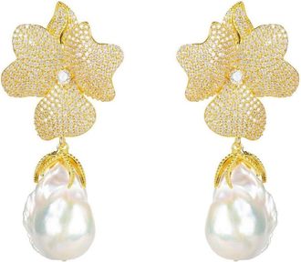Latelita London Baroque Pearl White Flower Earrings Yellow Gold