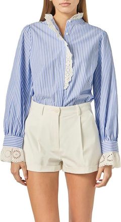 English Factory Stripe Scalloped Lace Trim Button-Up Shirt in Blue/white Stripe at Nordstrom, Size Large