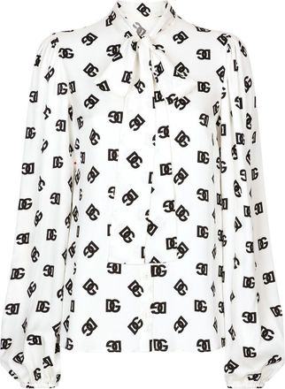 Dolce & Gabbana logo-print attached-scarf shirt - women - Silk/Spandex/Elastane - 36 - White