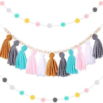 OEM Corona Bohemia De Pompones, Cuentas De Madera Y Adornos De Bolas En Colores Occidentales (colores Sencillos) - Crezuo