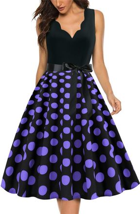 Generic Womens 50s 60s Retro V Neck Polka Dot Print A Line Rockabilly Dress Sleeveless Vintage Swing Prom Party Dresses Party Prom Bridesmaid Evening Dress Gi