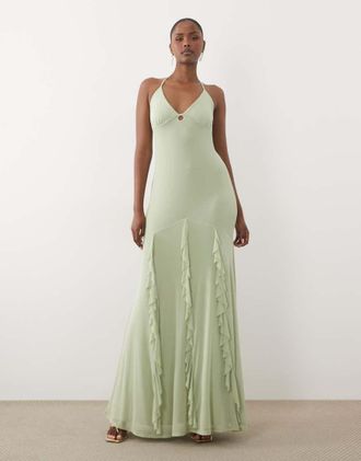 Asos Vestito lungo in rete verde salvia con volant e spalline allacciate al collo