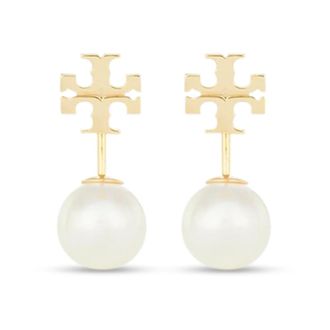 Tory Burch Accessoires, Dames, Geel, ONE Size, Tweed, Pearl Front-Back Earring