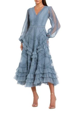 Mac Duggal Petite Long Sleeve V Neck Mesh Micro Ruffle Midi Dress in Slate Blue at Nordstrom, Size 12