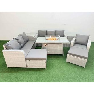 Fimous 9 Seater Poly Rattan Outdoor Garden Furniture Firepit Dining Table Sofa Set Patio 3 Seater Sofa Reclining Chair 3 Seater Sofa 2 Big Footstools 2 Side