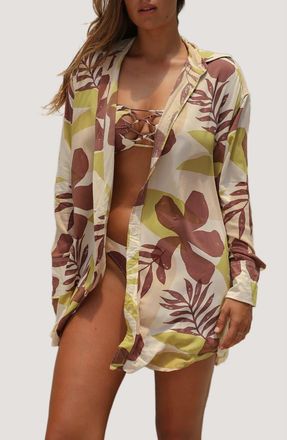 Stone Fox Swim Print Long Sleeve Cover-Up Shirtdress in Tropical Tonal at Nordstrom, Size X-Small