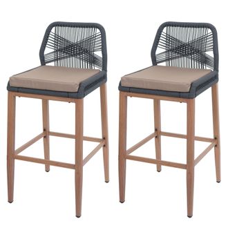 Hhg Hhg - Nunca Usado] Lote De 2 Taburetes De Bar De Cuerda 982, Asiento De Exterior De Cuerda De Metal Imitaci&oacute;n Madera, Antracita, Coj&iacute;n Topo