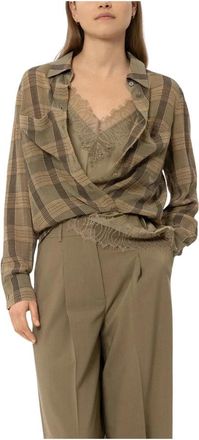 Luisa Cerano Geweven textuur geruite blouse - Dames - Blouses & Shirts - Groen - Maat: XL Katoen