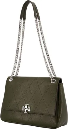 Tory Burch Womens Charlie Shoulder Bag - Tory Burch Leather Khaki Calfskin Shoulder-Hobo-Bags