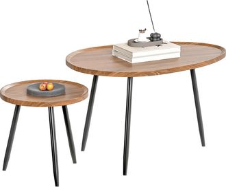 HOMCOM 2 80cm Sofa Side Table Set of 2 with Metal Legs - Chestnut Wood Effect | TJ Hughes