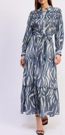 En Saison Cypress Long Sleeve Tie Belt Tiered Maxi Shirtdress in Slate Ivory at Nordstrom Rack, Size X-Small