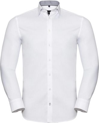 Russell Athletic Russell Collection Heren Overhemd met lange mouwen in visgraatmotief (Wit/Zilver/Convoy Grijs)