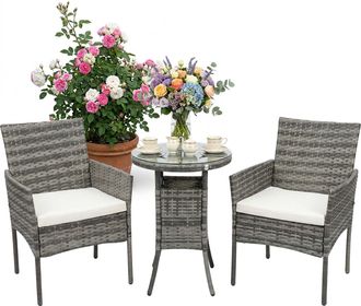 Relaxdays Relaxdays, Set De Jard&iacute;n 3 Piezas De Rat&aacute;n, Para 2 Personas, 2 Sillones & Mesa De Cristal, Muebles Lounge Exterior, Gris