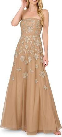 Adrianna Papell Beaded Strapless Mesh Fit & Flare Ballgown in Taupe/Pink at Nordstrom, Size 12
