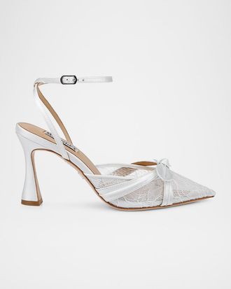 Badgley Mischka Josie Silk Lace Bow Ankle-Strap Pumps