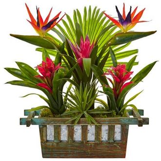 Nearly Natural Bird of Paradise and Bromeliad in Planter in Red at Nordstrom