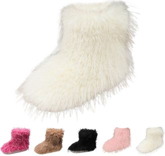 Generic Womens Winter Faux Fur Boots Cute Fluffy Fuzzy Furry Snow Boots Mid Calf Booties Warm Sherpa Walking Booties Flat Casual Fashion Outdoor Indoor Plush 