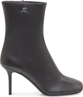 Courr&egrave;ges Enkellaarsjes met vierkante neus - Dames - Laarzen met Hak - Zwart - 40 EU - Leer - Schoenen