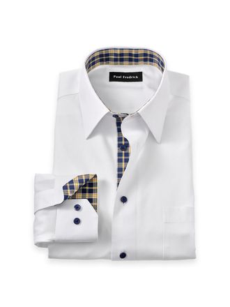 Paul Fredrick Slim Fit Comfort Stretch Non-iron Solid Dress Shirt With Contrast Trim