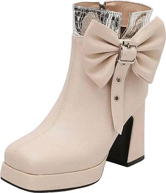 Generic Womens Elegant Platform Ankle Boots Square Toe Super High Thick Heel With Side Zipper And Butterfly-Knot Accent