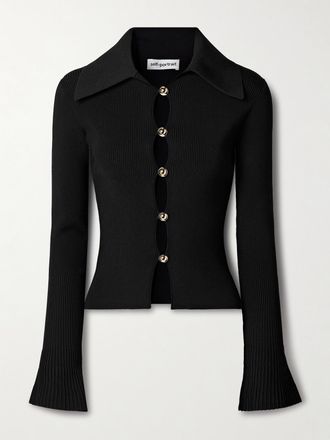 Self Portrait Cardigan In Maglia A Coste - Nero