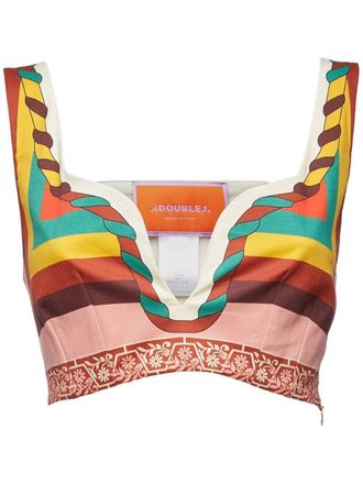 La DoubleJ colour-block printed crop top - White