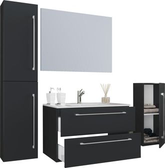 VCM Vcm - 5pcs Set 1 Lavabo Con Dos Cajones, 1 Espejo, 1 Lavabo, 1 Midischrank, 1 Gabinete Alto Lavabo De Cer&aacute;mica Gabinete Inferior Colgante 80 Cm Set De