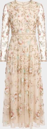 Mac Duggal Floral Beaded Mesh Midi-Dress