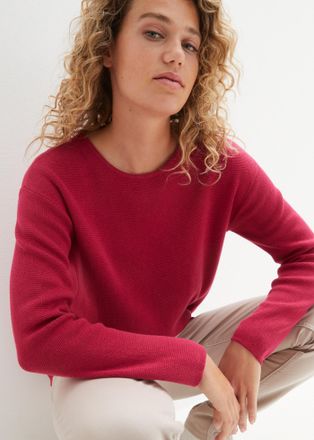 Bonprix Strickpullover BONPRIX Milano Rib Pullover mit Rundhals, Damen, Gr. 52/54 (XXL), rosa (beerenpink), Obermaterial: 50% Baumwolle, 50% Polyacryl, bequem
