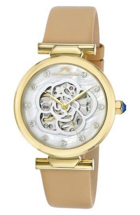 Porsamo Bleu Laura White Topaz Automatic Leather Strap Watch, 36mm in Beige Gold at Nordstrom Rack