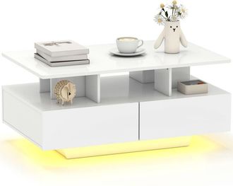 HOMCOM Mesa de centro led moderna mesa de caf&eacute; brillante con 4 cajones estante abierto y luces led de 16 colores para sal&oacute;n 90x55x41 cm blanco brillo
