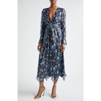 Ramy Brook Tatia Plunge Neck Asymmetric Hem Metallic Silk Dress in Dream Blue Twilight at Nordstrom Rack, Size 2