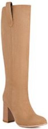 Generic Womens Knee-High Boots Suede-Like Fabric Pointed Toe Block Heels Wooden Heel Pull Tab Slip On Solid Color Stylish Durable Design,Apricot,5.5 UK