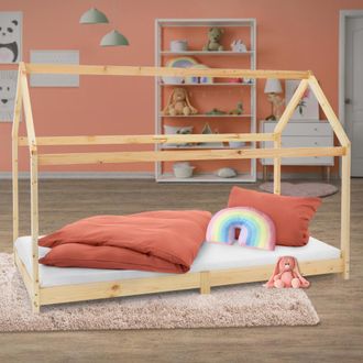 ML Design Cama Infantil 90x200cm Con Techo Y Somier Estructura Listones De Madera De Pino Maciza Color Natural Forma De Casita Dise&ntilde;o Creativo Mueble De Dormito