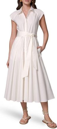 DKNY Tie Waist Stretch Poplin Midi Dress in Cream at Nordstrom, Size X-Large