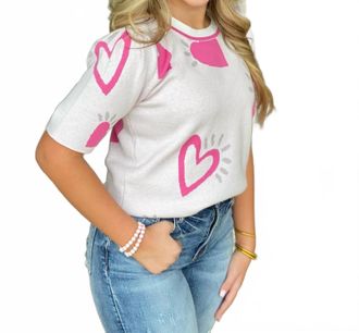Fate Heart Short Sleeve Sweater Top In Pink