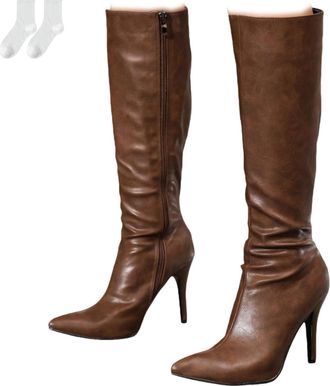 Generic Womens Knee-High Boots with Stiletto Heels, Elegant High-Heeled Boots with Pointed Toe in Leather-Look, Long Boots with Wide Shaft And Side Zipper for