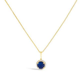 House of Brilliance 10K Gold Gemstone and 1/10 Cttw Diamond Accent Halo Pendant Necklace in Yellow | Blue Sapphire at Nordstrom
