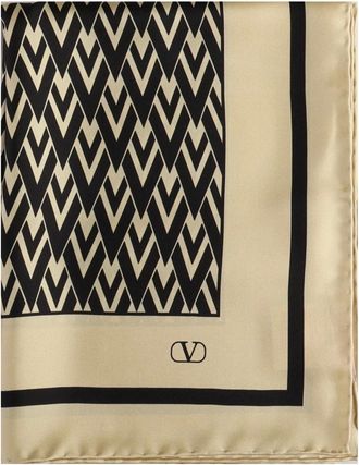 Valentino Garavani Accessoires, Dames, Veelkleurig, ONE Size, Zijden Sjaal met V-patroon en Franjes