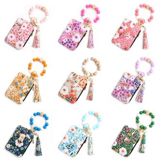 Generic Women Boho Keychain Wallet with Beaded Bracelet Small Card Holder (Light Pink)