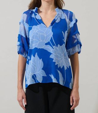 Sugarlips Seabloom Floral Terrie Ruffle Blouse In Cobalt Blue