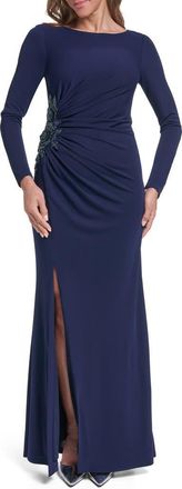 Eliza J Beaded Detail Side Ruched Long Sleeve Gown in Navy at Nordstrom, Size 14