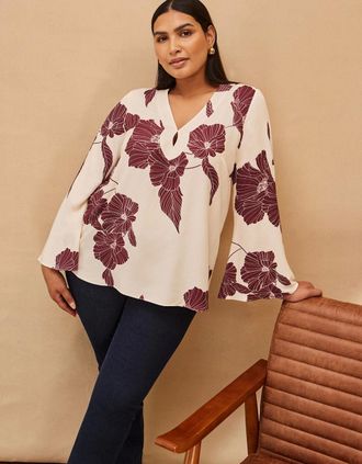 Live Unlimited London Womens Burgundy Floral Print Keyhole Blouse - Cream - Size: 24