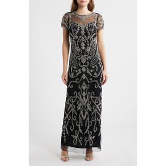 Pisarro Nights Beaded Mesh Gown in Black/Silver at Nordstrom, Size 16