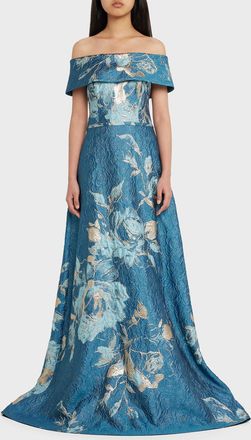 Teri Jon Off-Shoulder Metallic Flower Jacquard Gown