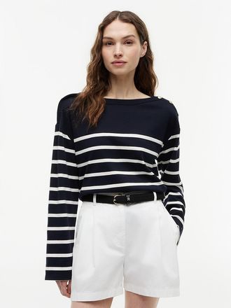 Tommy Hilfiger Womens Breton Stripe Cotton Interlock T-Shirt - Navy Blue / Silk Stripe - M