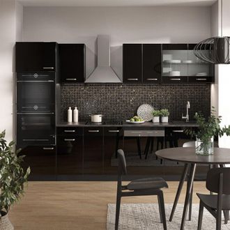 Vicco Mueble De Cocina R-line, Negro/antracita De Alto Brillo, 300 Cm Con Armario Alto, Et Roble