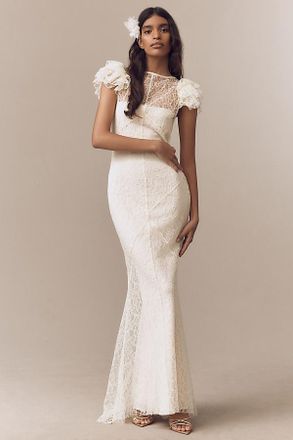 De La Vali Nephele Lace Flutter-Sleeve Fishtail Maxi Dress